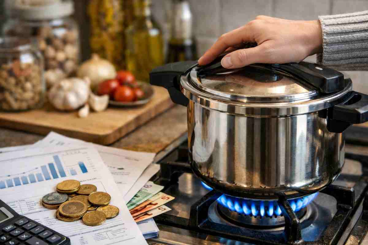 mano di donna che tiene coperchio pentola e soldi accanto