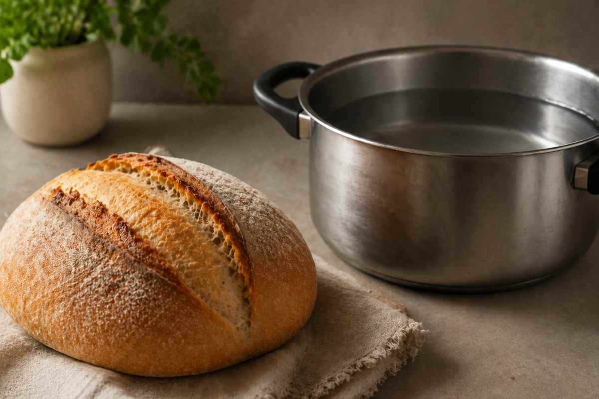Pentola d'acqua e pane su un tavolo