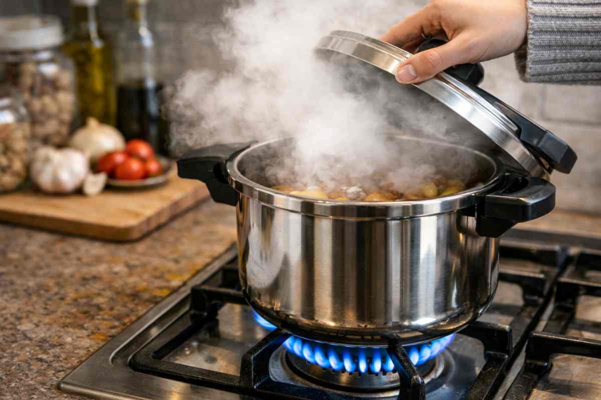 Pentola con coperchio alzato e vapore che esce